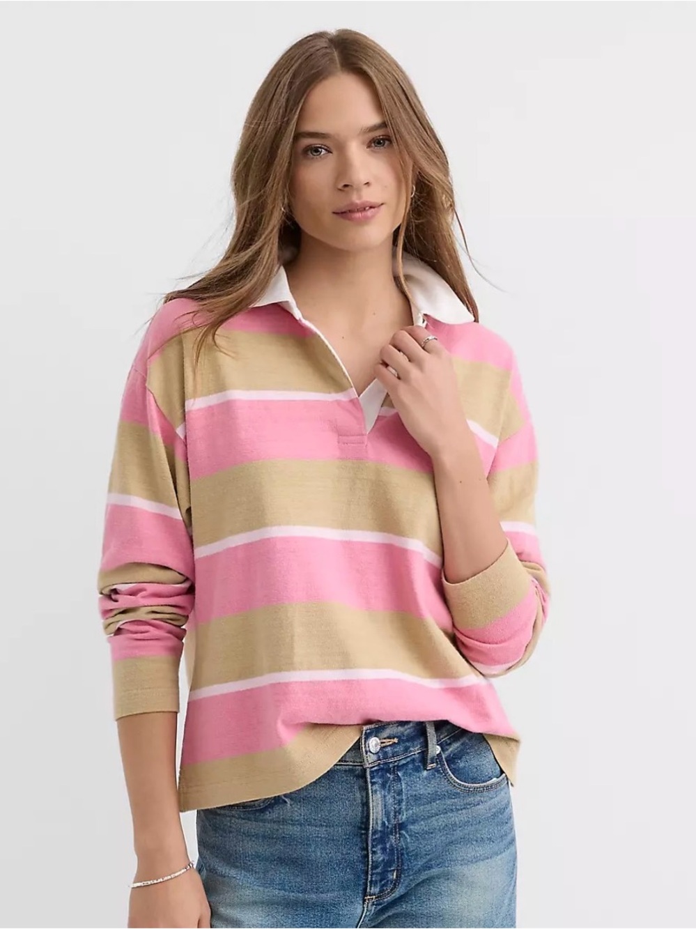LOFT Pink and Tan Rugby Stripe Polo Top | Size L